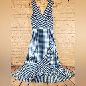 J. Crew Factory Blue White Gingham Ruffle Faux Wrap Cottagecore Poplin Dress 8